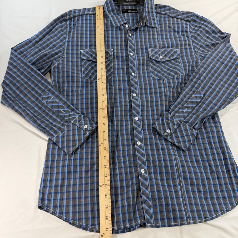 Buckle Black Mens XL Athletic Fit Plaid Button Down Shirt Blue Grey Long Sleeve - Picture 8 of 8